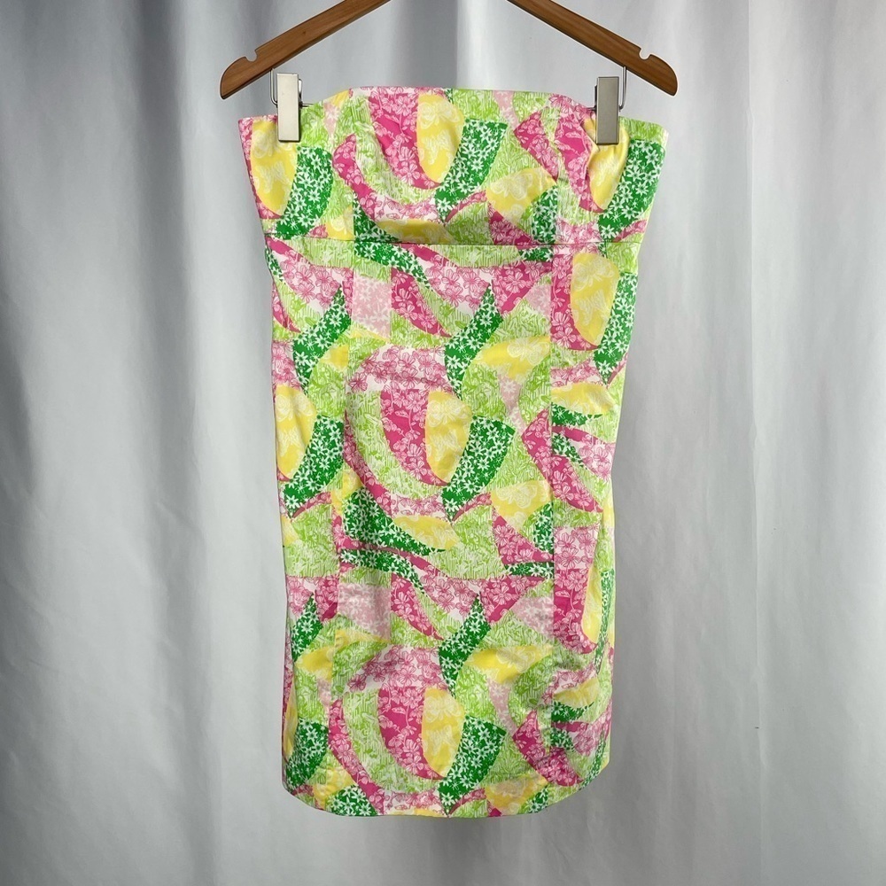 Lilly Pulitzer Cotton Strapless Tie Back Patchwork Mini Dress in Pink Multi Sz 8